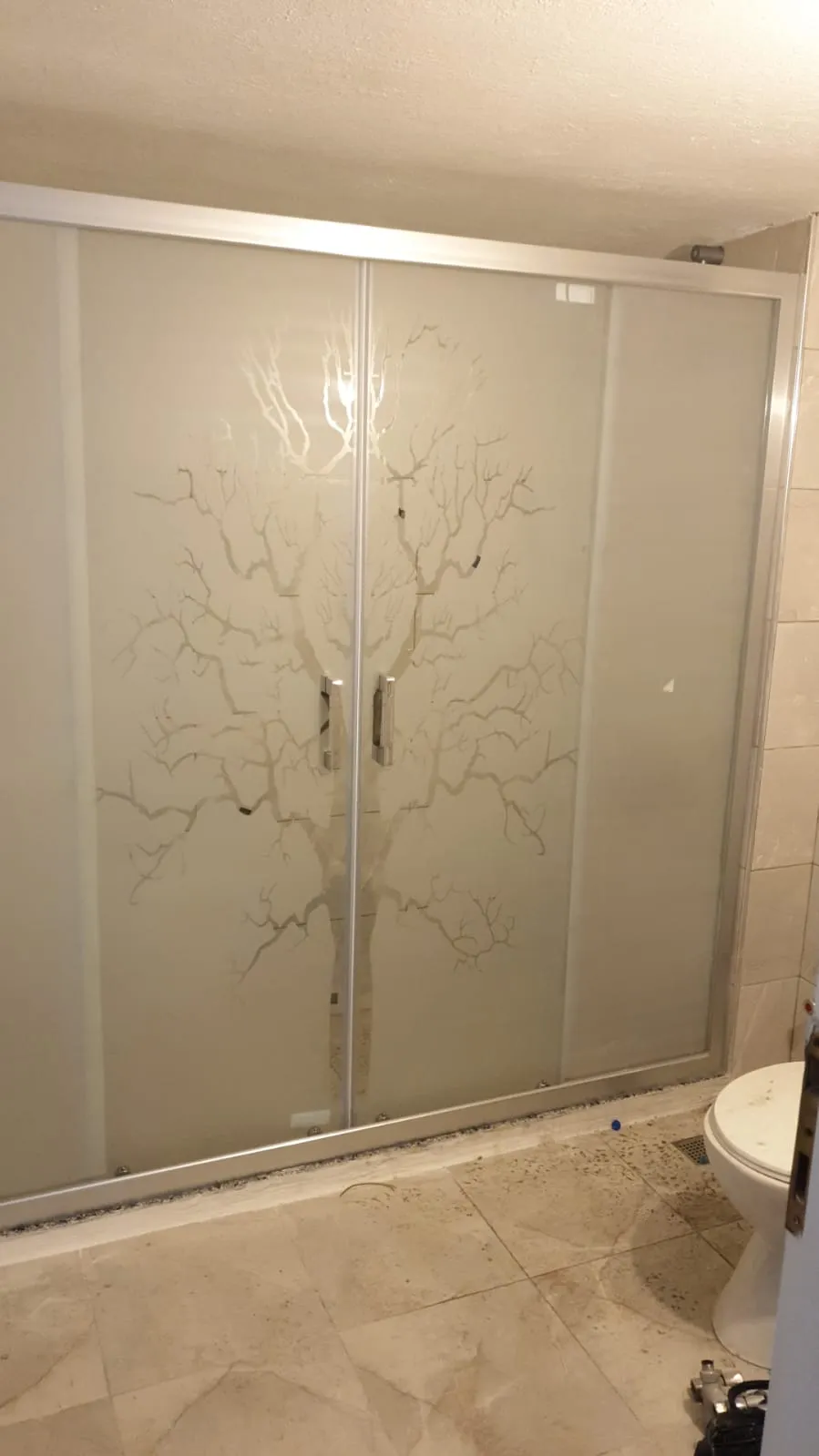 Sürgülü düz duşakabin, krom profil, ağaç motifli özel cam kumlama deseni