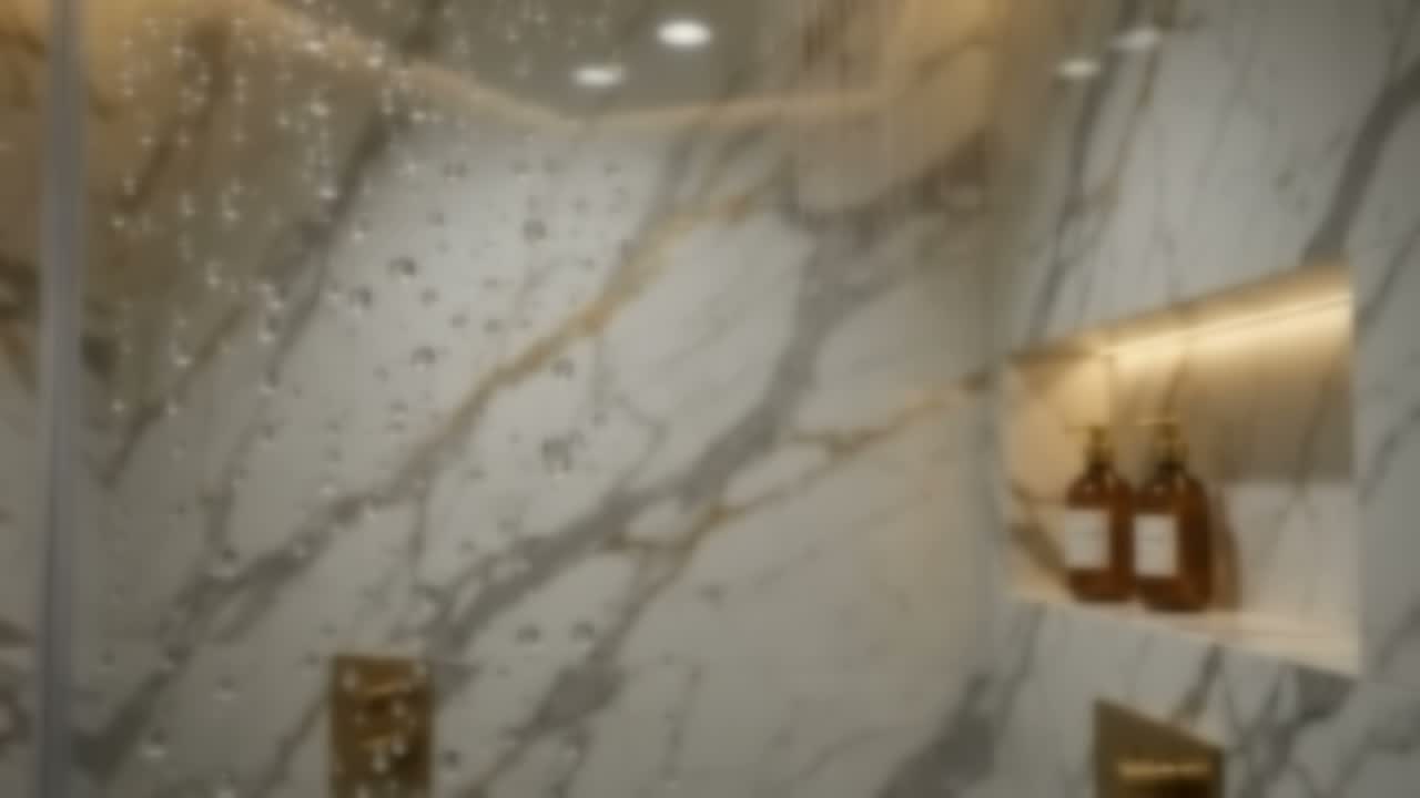 Damlalı duşakabin camı ardında mermer banyo